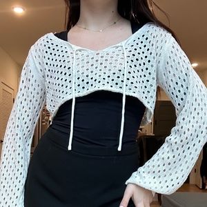 Princess Polly Ivory White Crochet Open Knit Long Sleeve Cropped Top